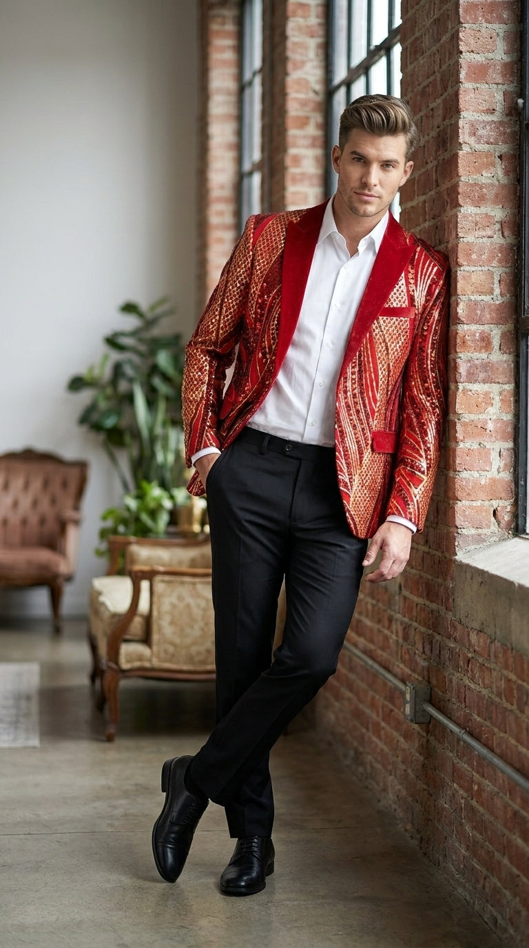 Men’s Red and Gold Sequin Christmas Holiday Blazer – Luxury Party Jacket for New Year, Wedding and Festive Events - 36 Short