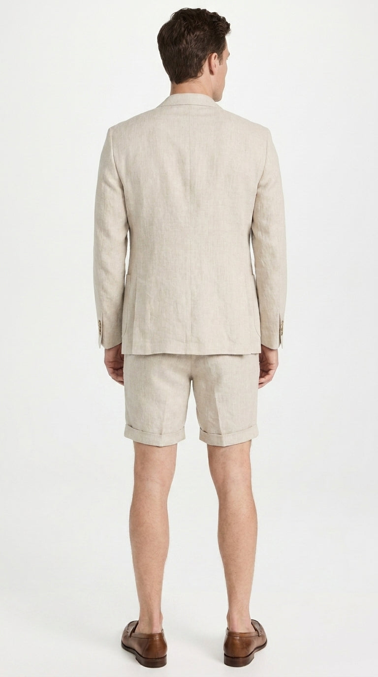 Men’s Tan Linen Suit with Shorts, 2 Piece Summer Short Suit, Casual Beach Wedding Outfit - 34 Short or Extra Small