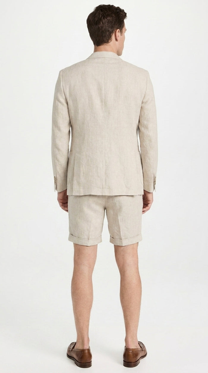 Men’s Tan Linen Suit with Shorts, 2 Piece Summer Short Suit, Casual Beach Wedding Outfit