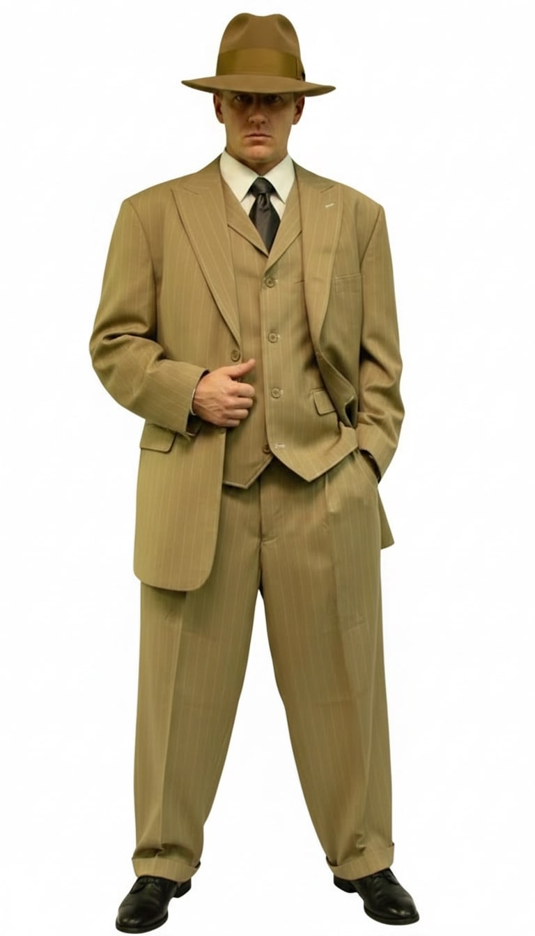 Mens Tan Pinstripe Zoot Suit – 1920s Gangster Vintage 3-Piece Suit with Wide-Leg Pants - 34 Short or Extra Small