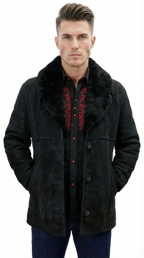 Men’s Black Sheepskin Leather Jacket Cowboy – Warm Faux Fur Collar Coat, Winter Long Jacket, Casual Western Style Outerwear