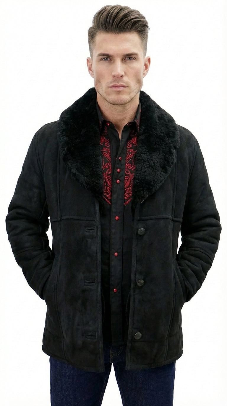 Men’s Black Sheepskin Leather Jacket Cowboy – Warm Faux Fur Collar Coat, Winter Long Jacket, Casual Western Style Outerwear - S