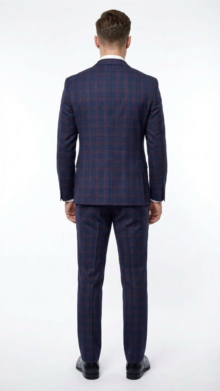 Men’s Navy Blue and Burgundy Checkered Two-Piece Suit Plaid Windowpane – Flat Front Pants or Pleated Wide Leg Pants - 100% Wool - Navy Blue and Burgundy