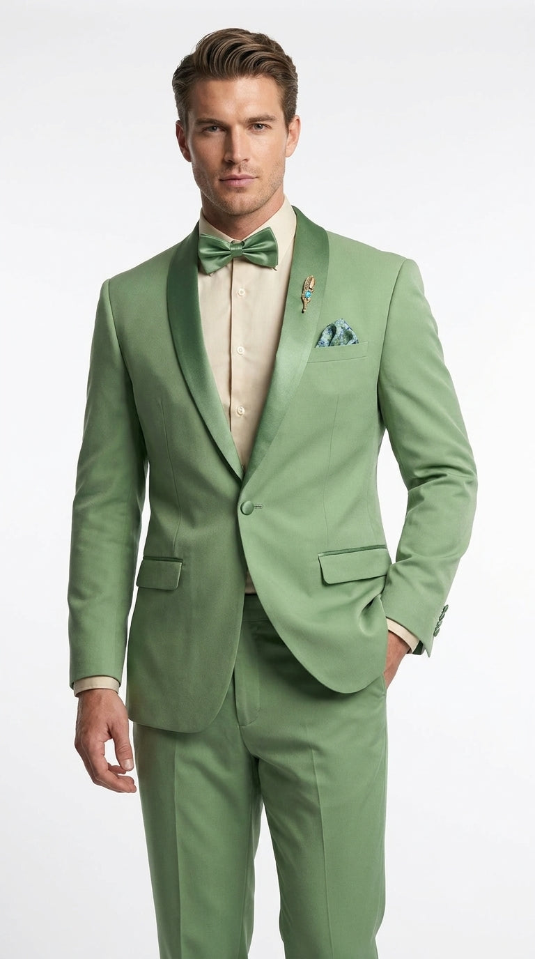 Mens Sage Green Wedding Tuxedo, Shawl Lapel Formal Groom Prom Tuxedo Suit - 34 Short or Extra Small