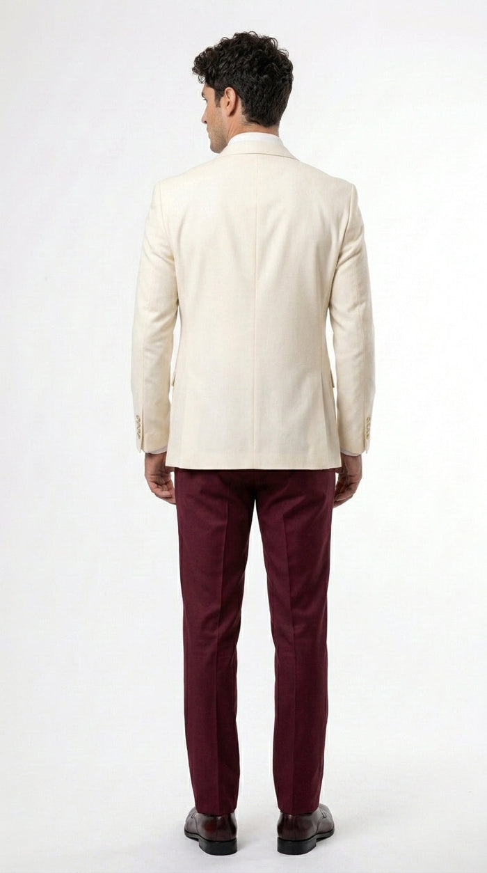 Men’s Cream Ivory and Burgundy 3 Piece Tuxedo Suit, Vested Formal Wedding Prom Dinner Suit in Cream Off White Color