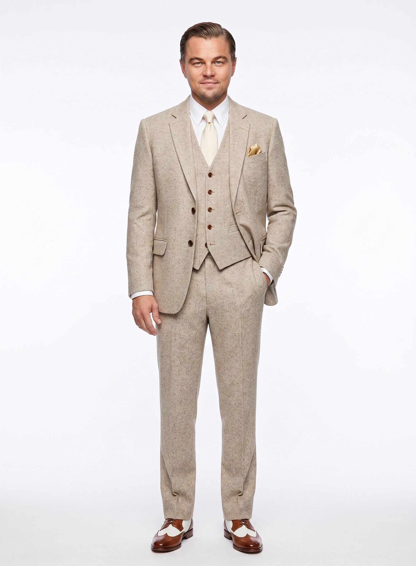Men’s Light Tan Tweed Great Gatsby 3 Piece Suit – Vintage Vested Wedding Suit, 1920s Classic Formal Outfit Herringbone - 34 Short or Extra Small