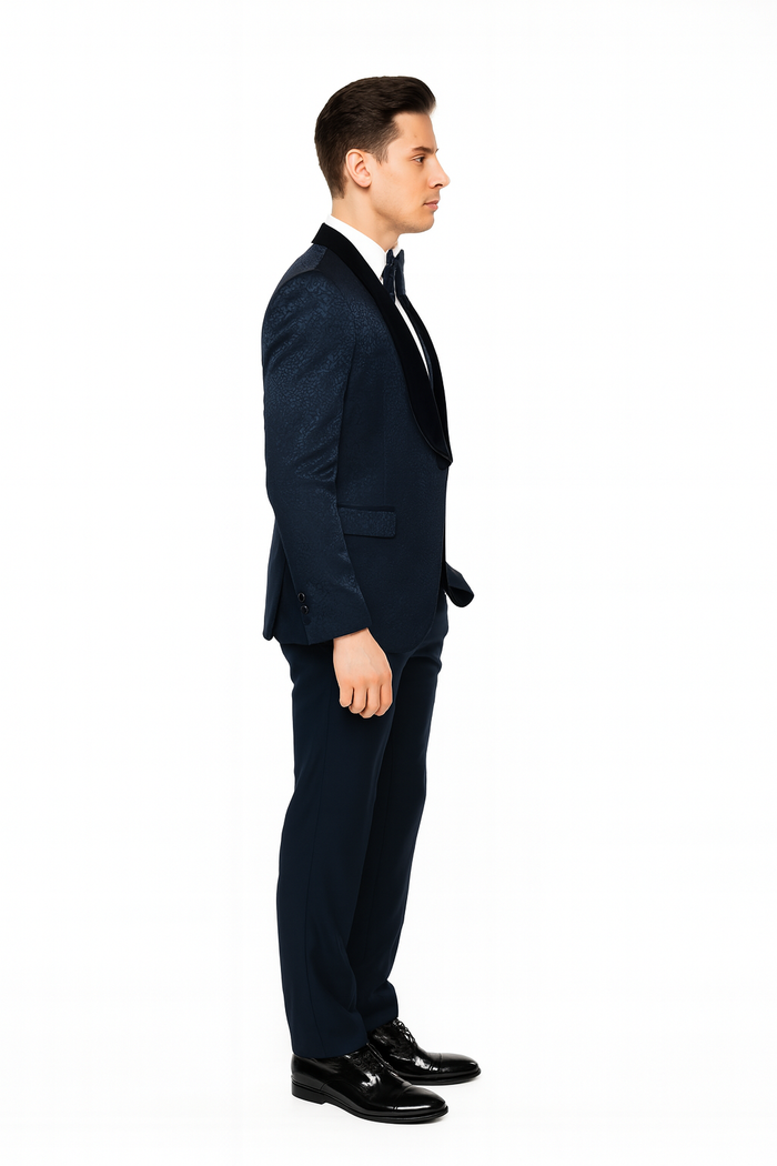 Mens Navy Blue Jacquard Tuxedo with Black Velvet Shawl Lapel, 3 Piece Formal Suit with Bow Tie