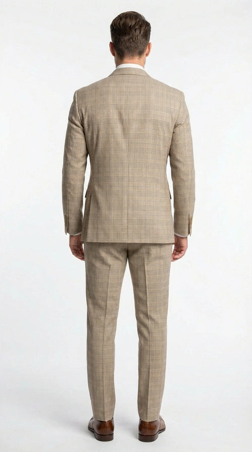 Vinci Mens Beige Plaid Double Breasted Suit Classic Checkered Formal Suit Set in Tan Color Windowpane Checkered Pattern