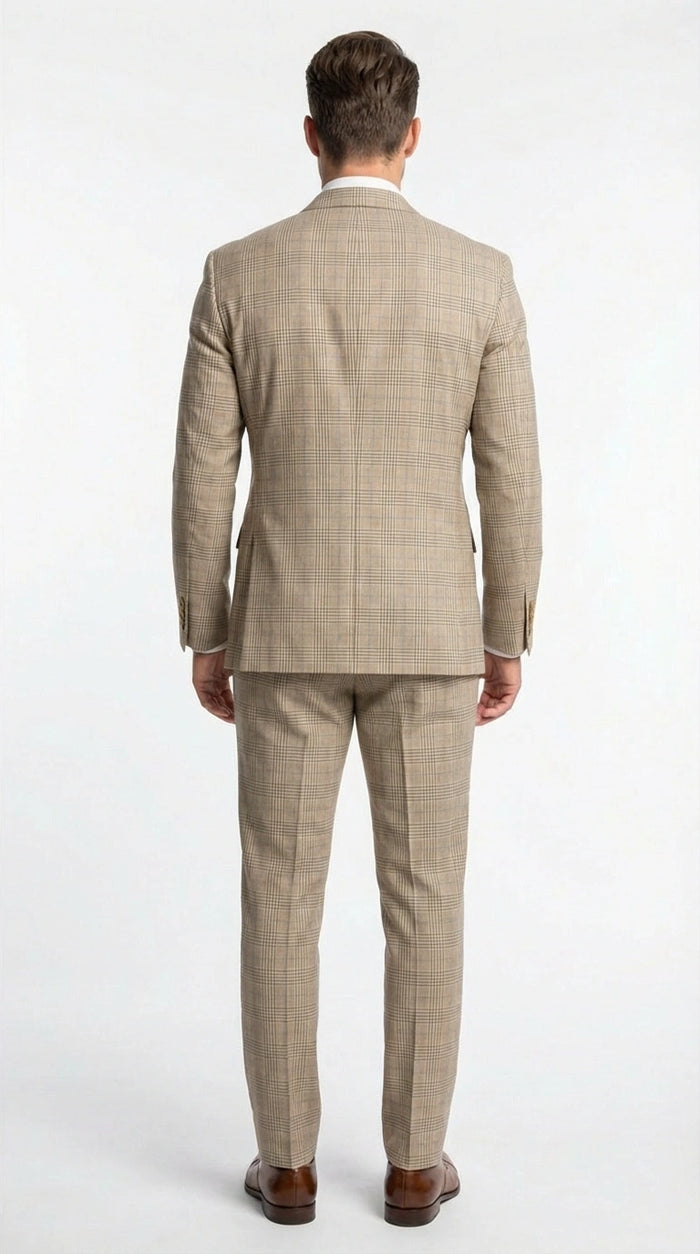 Vinci Mens Beige Plaid Double Breasted Suit Classic Checkered Formal Suit Set in Tan Color Windowpane Checkered Pattern
