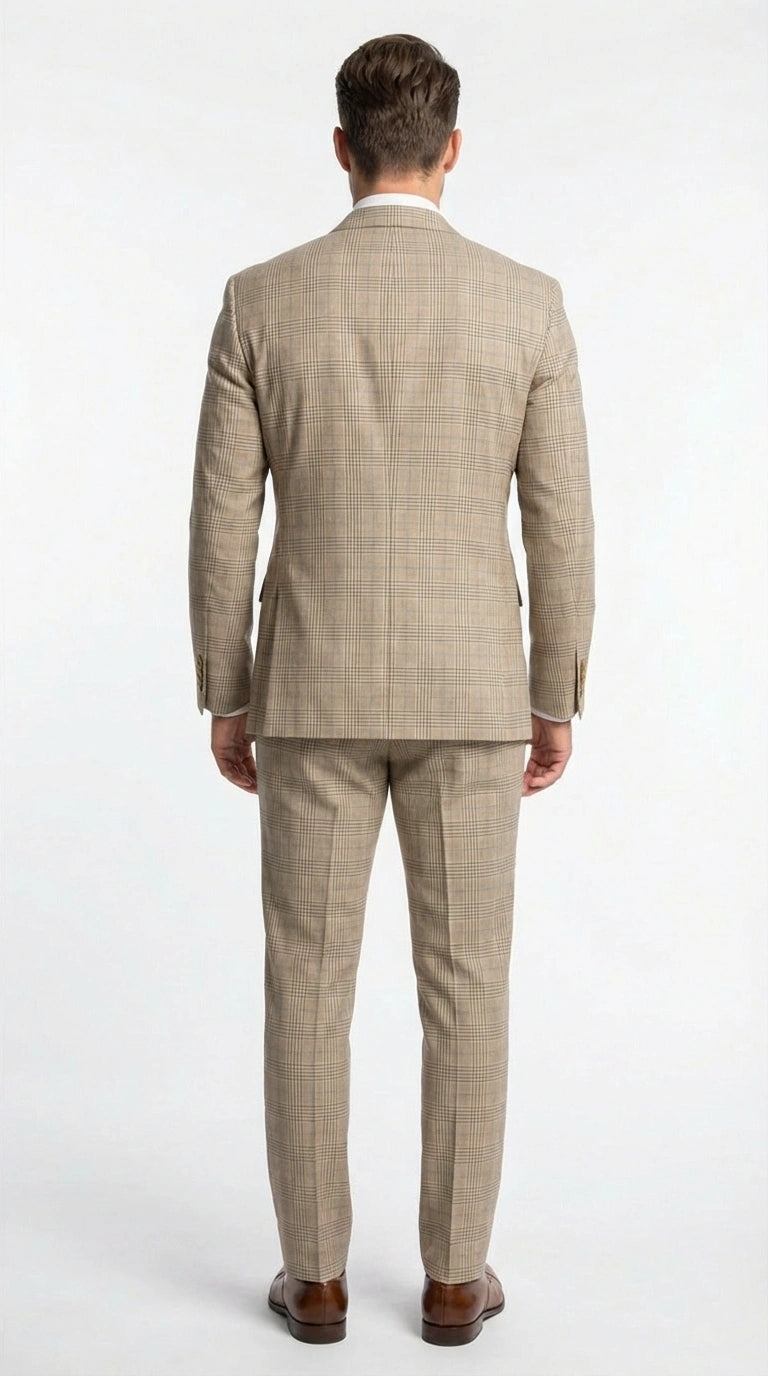 Vinci Men’s Beige Plaid Double Breasted Suit – Classic Checkered Formal Suit Set in Tan Color Windowpane Checkered Pattern - 34 Short or Extra Small
