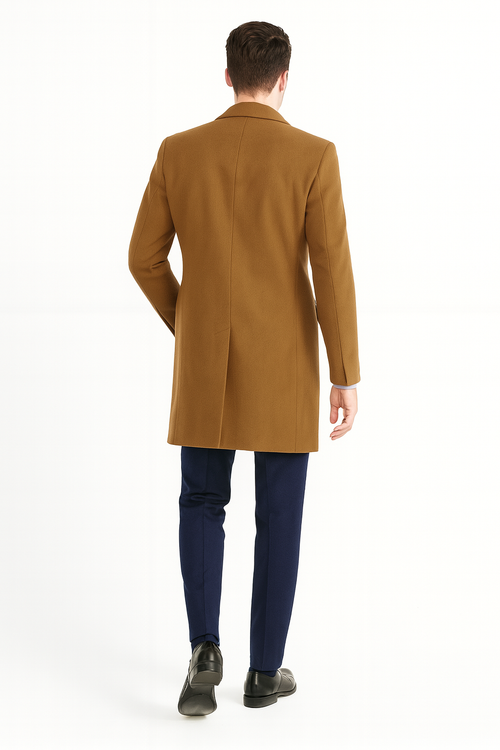 Mens Camel Brown Wool Overcoat â€“ Classic Long Dress Coat for Business and Casual Wear in Vecuna Color