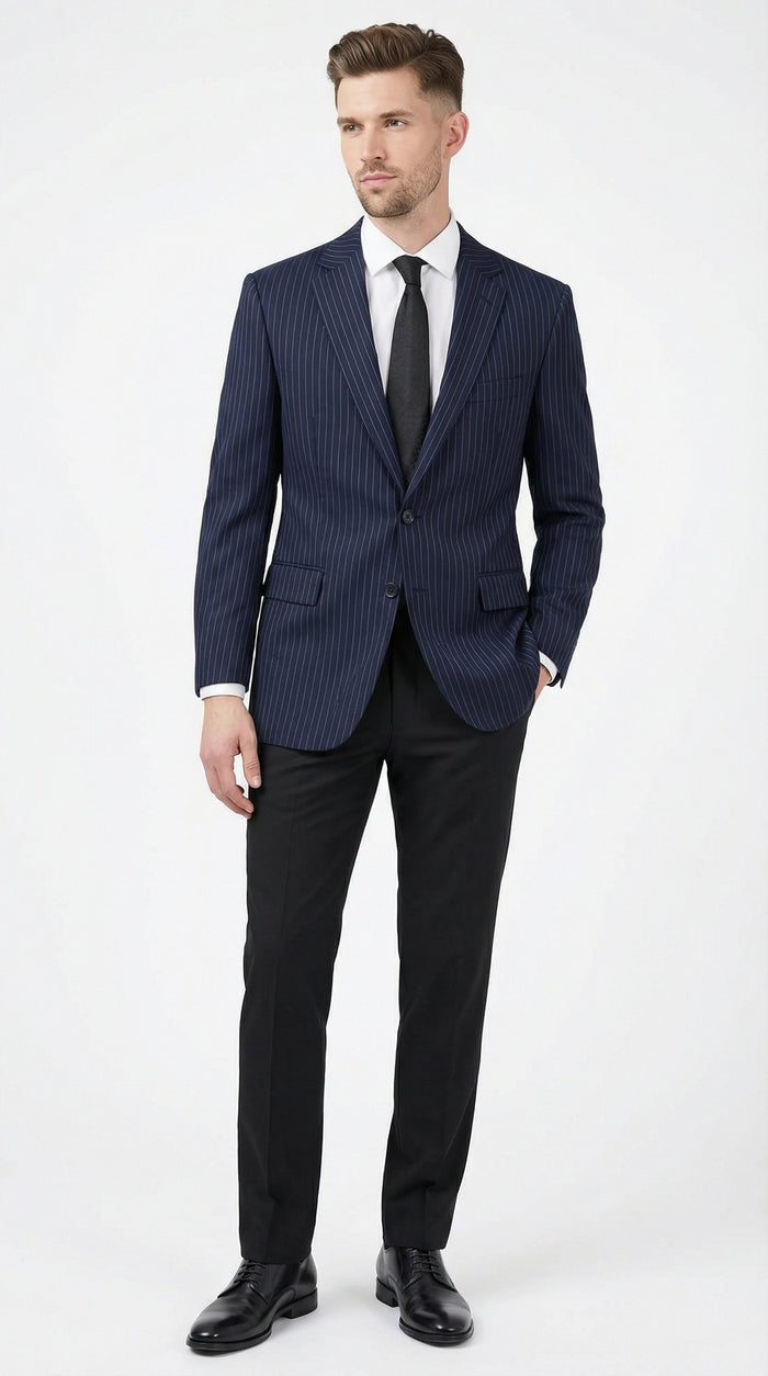 Mens Navy Blue Pinstripe Blazer Classic Tailored Formal Jacket for Business, Office and Professional Wear