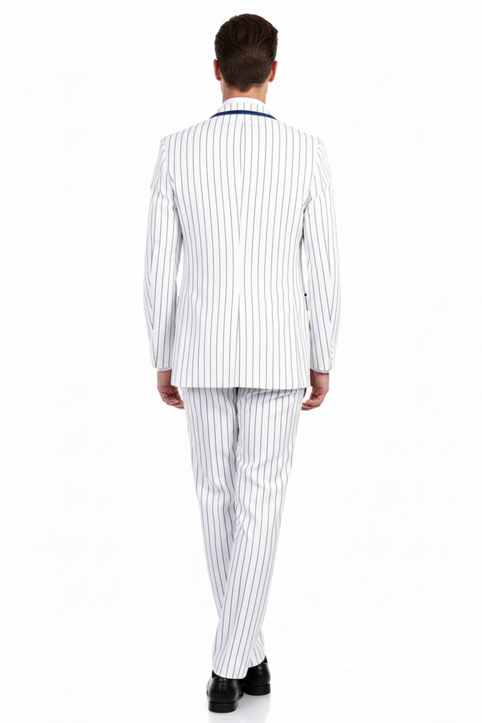 Mens White and Royal Blue Pinstripe 3-Piece Suit Classic Fit Blazer with Vest, Pants, and Tie