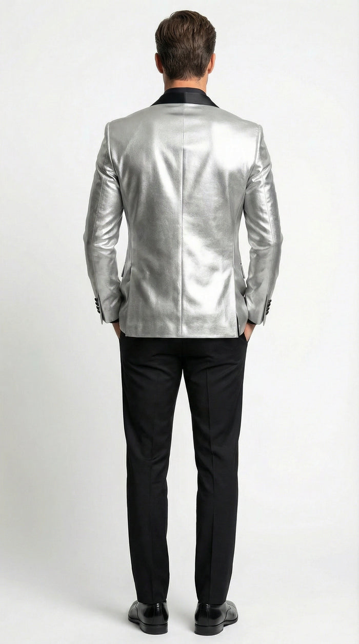 Mens Shiny Silver Blazer with Black Lapel Luxury Metallic Formal Jacket for Party, Evening and Special Events