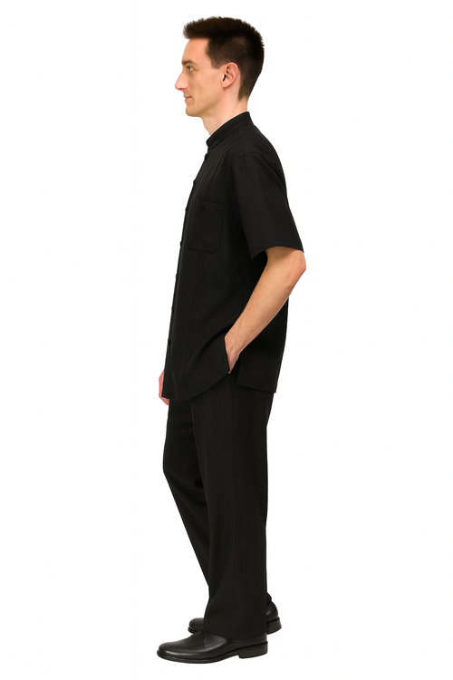 Mens Black Banded Collar Walking Suit Short Sleeve Shirt and Matching Pants Banded Collar Linen Fabric