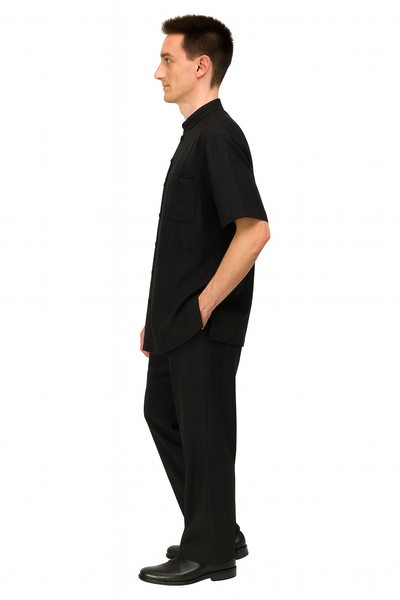 Mens Black Banded Collar Walking Suit Short Sleeve Shirt and Matching Pants Banded Collar Linen Fabric
