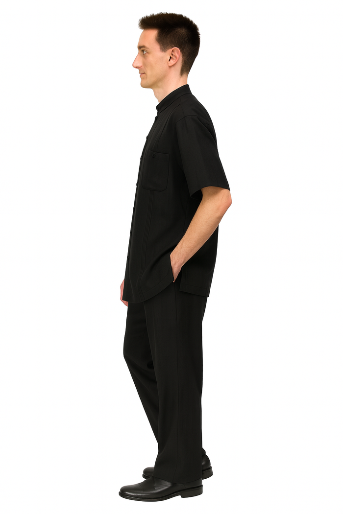 Mens Black Banded Collar Walking Suit Short Sleeve Shirt and Matching Pants Banded Collar Linen Fabric