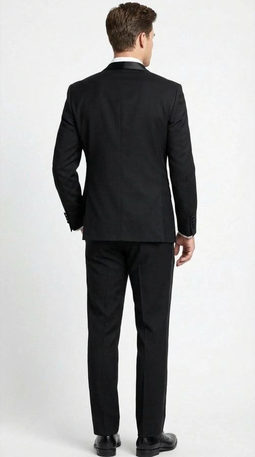 Tiglio Designer Mens Black Single Button Tuxedo Suit Formal Black Business and Wedding Suit Shawl Collar  Super 150's Wool Fabric