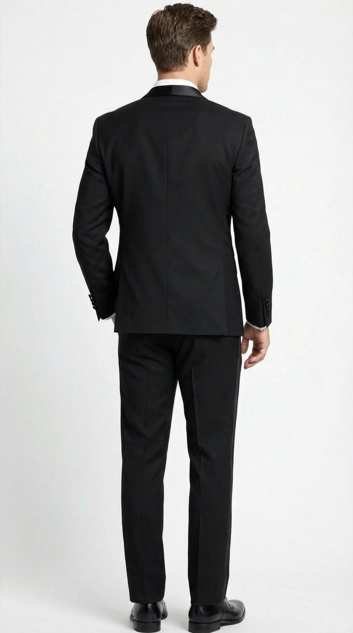 Tiglio Designer Mens Black Single Button Tuxedo Suit Formal Black Business and Wedding Suit Shawl Collar  Super 150's Wool Fabric