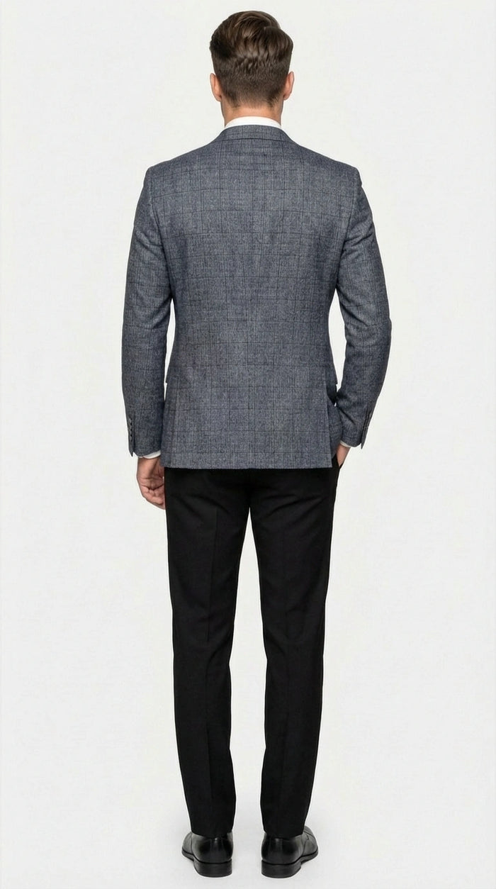 Mens Charcoal Gray Windowpane Check Blazer Classic Two Button Formal Sport Coat Jacket