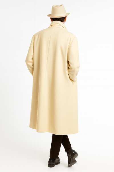 Mens Long Cream Overcoat Wool Fabric in Ivory Off White Color Full length