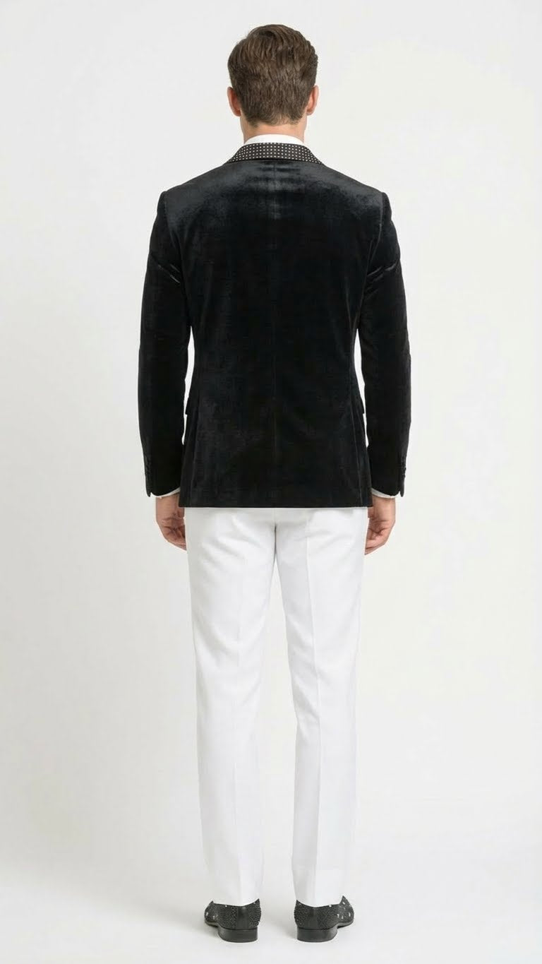Men’s Black Velvet Tuxedo Blazer with Studded Lapel – Formal Evening Jacket - 36 Short