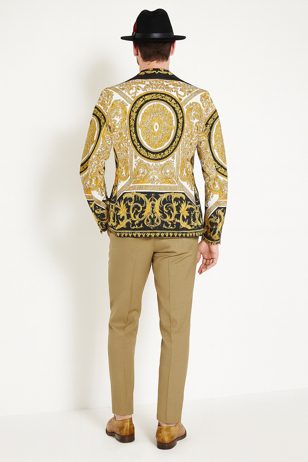 Menâ€™s Black and Gold Baroque Blazer with Matching Pants, Hat, and Shoes â€“ Luxury Party and Wedding Outfit Set - 36 Short