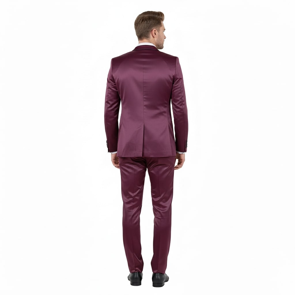 Mens Sateen Shiny Burgundy Slim Fit Tuxedo – Satin Shawl Lapel 3-Piece Suit - 34 Short or Extra Small