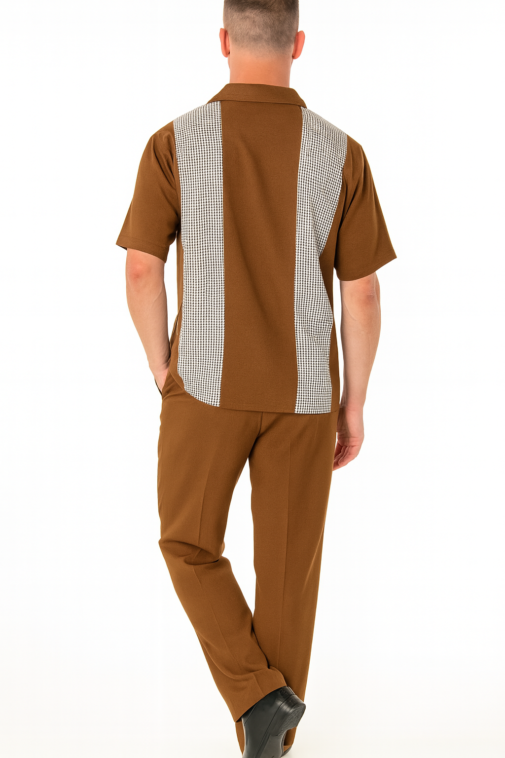 Men’s Cognac Tan Two-Piece Outfit – Short Sleeve Button-Up Shirt and Pants Set - S