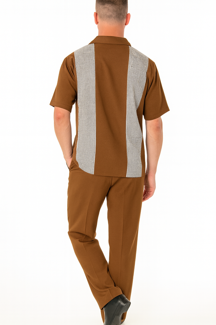 Mens Cognac Tan Two-Piece Outfit â€“ Short Sleeve Button-Up Shirt and Pants Set
