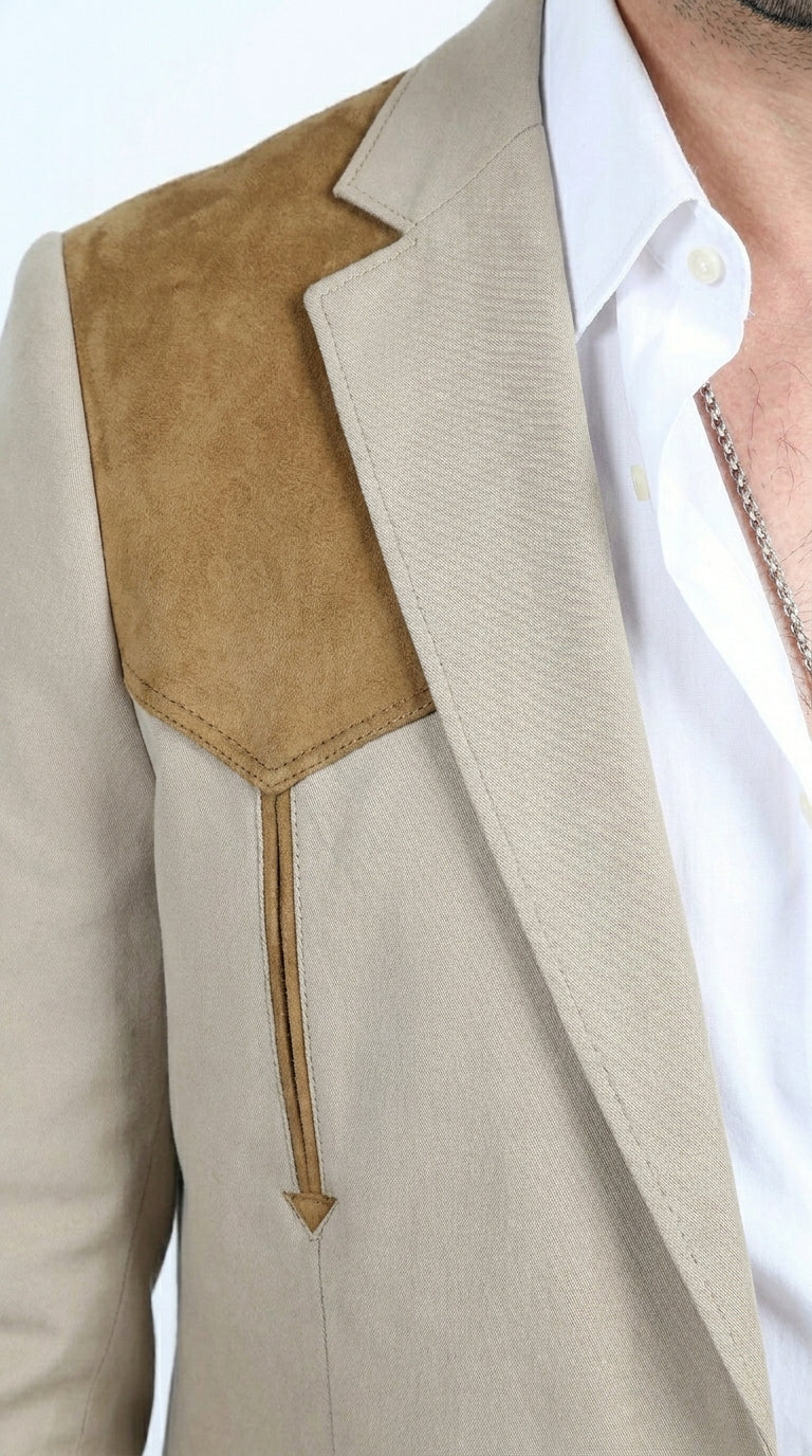 Men’s Khaki Western Blazer with Suede Yokes, Cowboy Sport Coat , Ranch and Country Events in Tan Khaki Color By Platini - 36 Short