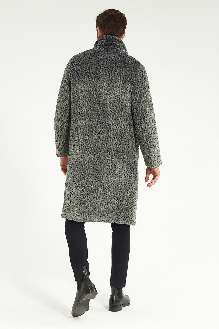 Mens Luxury Long Grey Faux Fur Coat -Winter Overcoat with Animal Print Design
