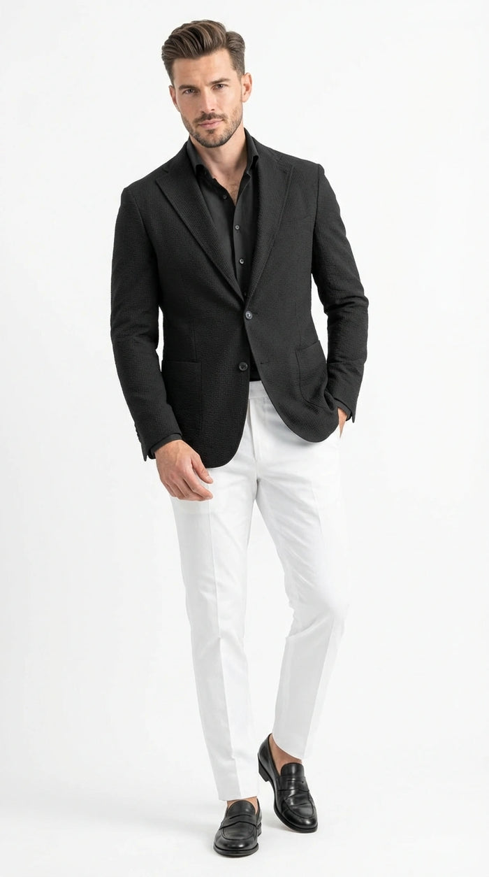 Mens Black Seersucker Blazer - Textured Two-Button Notch Lapel Formal & Summer Sport Jacket in Black Tone-on-Tone Cotton Fabric