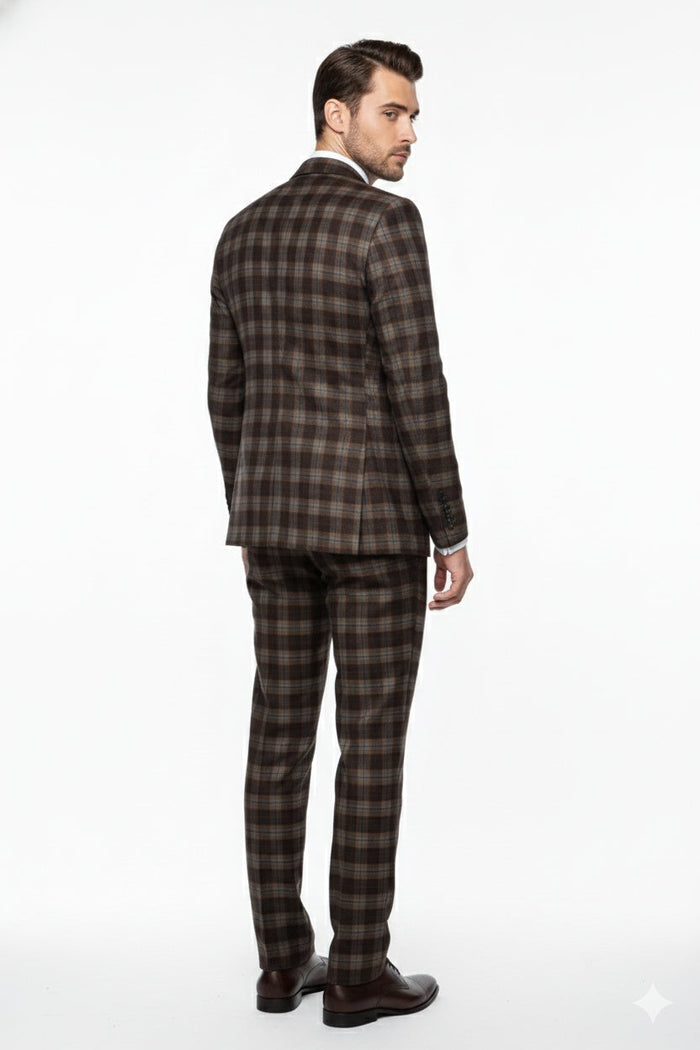 Mens Brown Plaid Windowpane Three-Piece Suit Set Classic Slim Fit Jacket, Double-Breasted Vest and Modern Fit Pants  By Rossiman