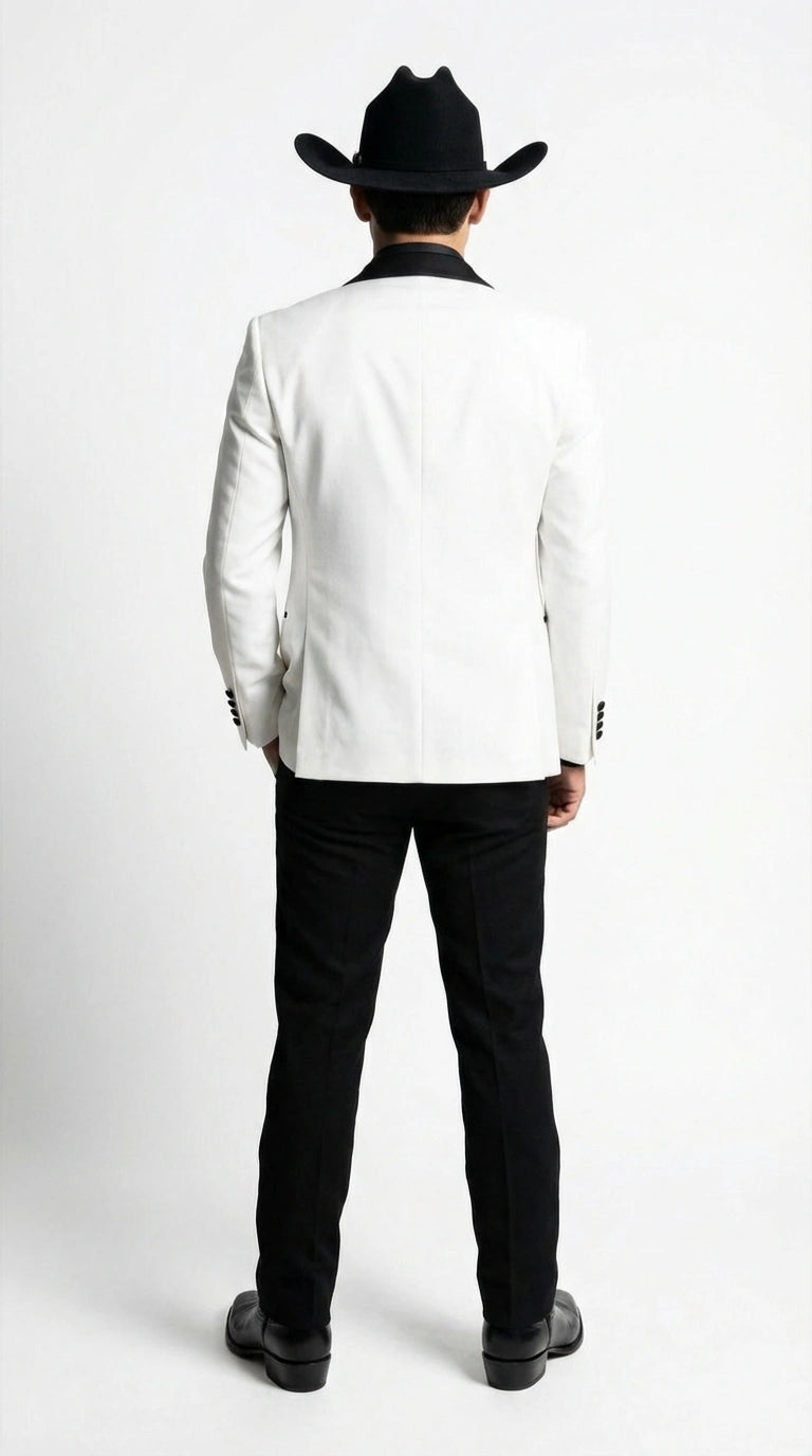Men's White Cowboy Tuxedo With Black Satin Lapel Western Formal Suit Matching Vest 34 Short or Extra Small Men's White Cowboy Tuxedo With Black Satin Lapel Western Formal Suit Matching Vest 34 Short or Extra Small