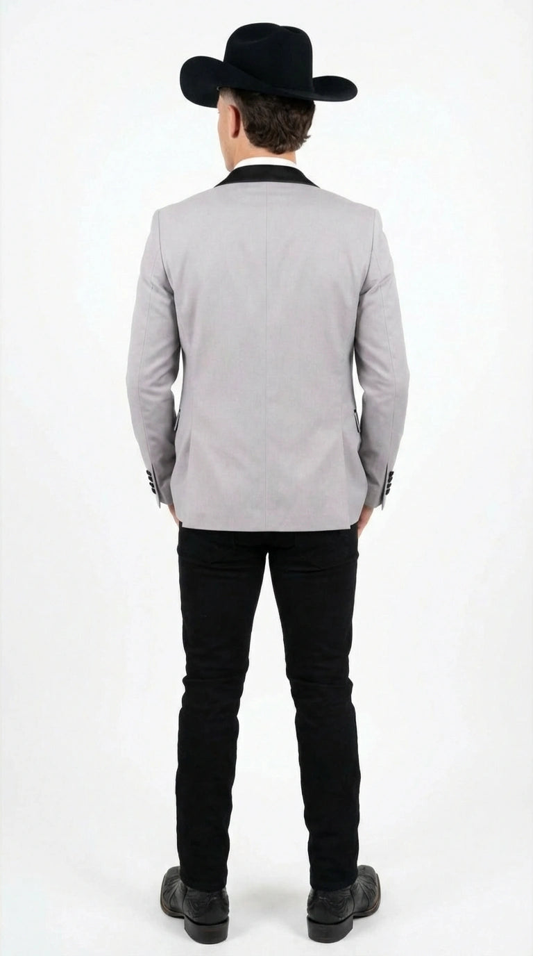 Men’s Light Gray Cowboy Tuxedo with Black Satin Lapel – Western Formal Suit with Double Breasted Vest - 34 Short or Extra Small