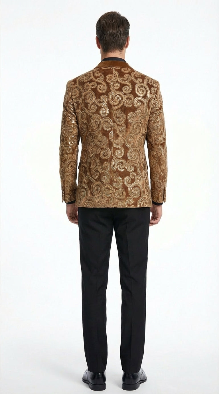 Men's Light Brown & Gold Baroque Embroidered Blazer Jacket | Tuxedo Dinner Jacket - 34 Short or Extra Small