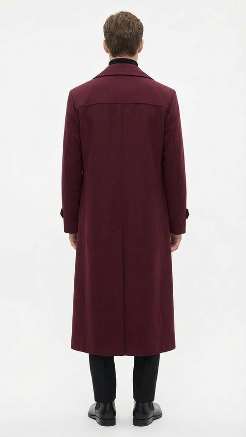 Mens Full-Length Burgundy Overcoat - Microfiber 4 season fabric  Long Formal Coat with Classic Tailored Maxi Duster Coat
