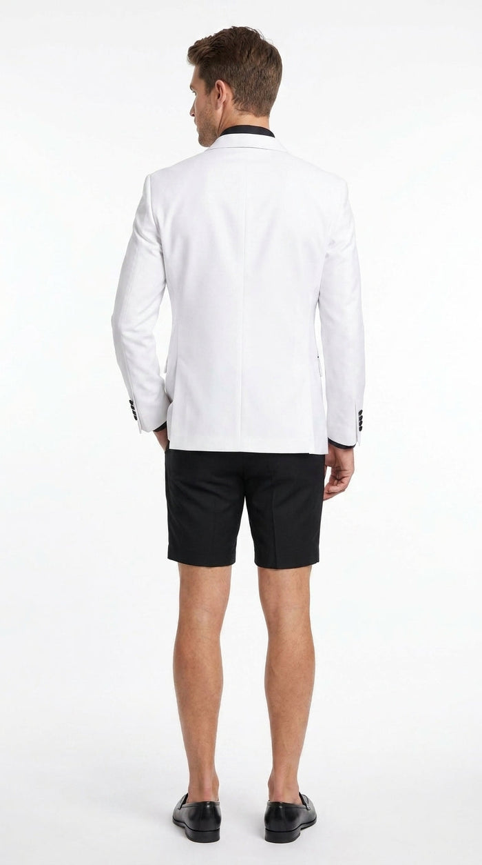 Men’s White and Black Tuxedo Suit with Shorts – Modern Formal Blazer and Short Pants Set for Wedding, Prom Suit
