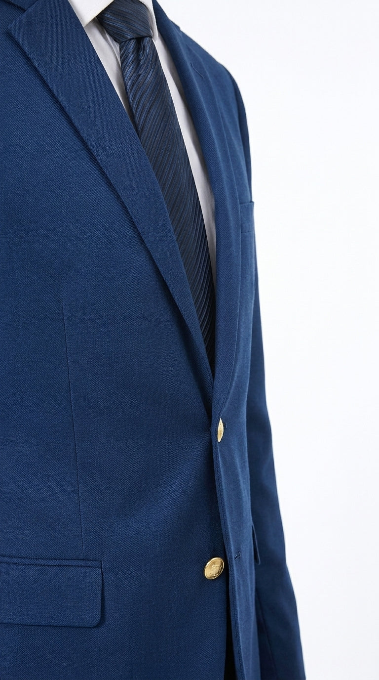 Men’s Sapphire Indigo Cobalt Blue Blazer with Gold Buttons – Classic Single Breasted Formal Business Jacket for Office, Wedding - 36 Short