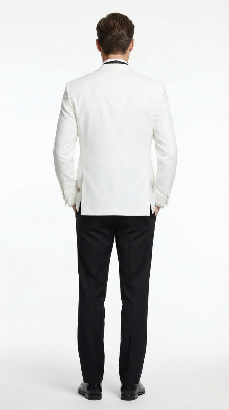 Men's White Dinner Jacket Tuxedo Blazer with Black Satin Shawl Lapel  With Black Tuxedo Pants - 34 Short or Extra Small