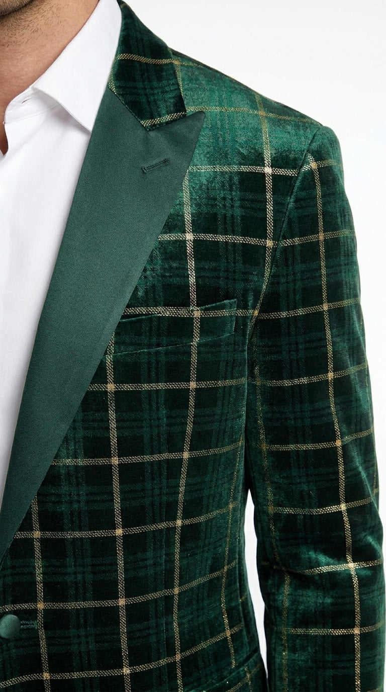 Men’s Green and Gold Plaid Christmas Holiday Blazer – Classic Check Party Jacket for New Year, Wedding and Festive New Year event - 36 Short