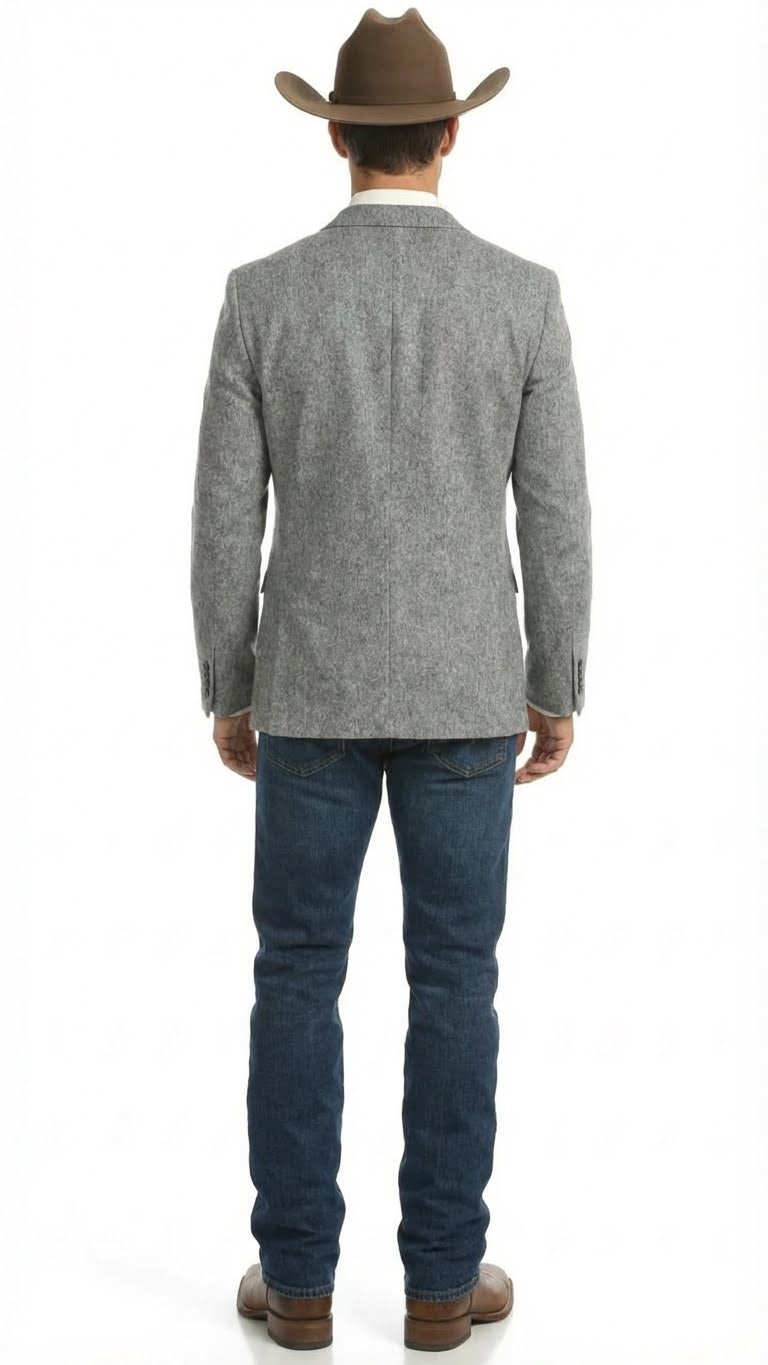 Men's Grey Tweed Herringbone Western Blazer Jacket  Style Look, Textured Formal Casual Sport Coat for Jeans - 34 Short or Extra Small