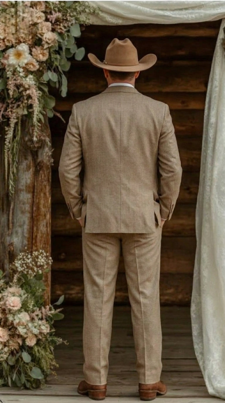 Mens Sharkskin Dark Taupe Tan with sheen Western 3 Piece Suit – Classic Country Style Blazer Vest Pants Set, Formal Cowboy Suit Outfit - 34 Short or Extra Small