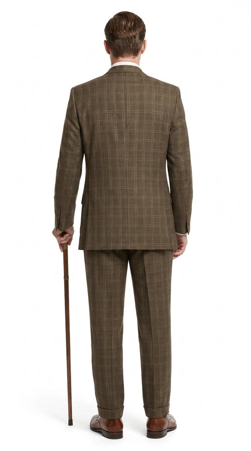 Men’s 1930s Brown Plaid 3 Piece Suit, Vintage Formal Wedding Business Dress Suit Set