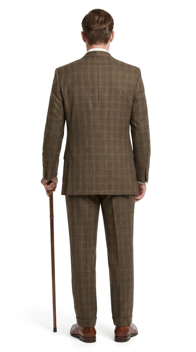 Men’s 1930s Brown Plaid 3 Piece Suit, Vintage Formal Wedding Business Dress Suit Set - 34 Short or Extra Small
