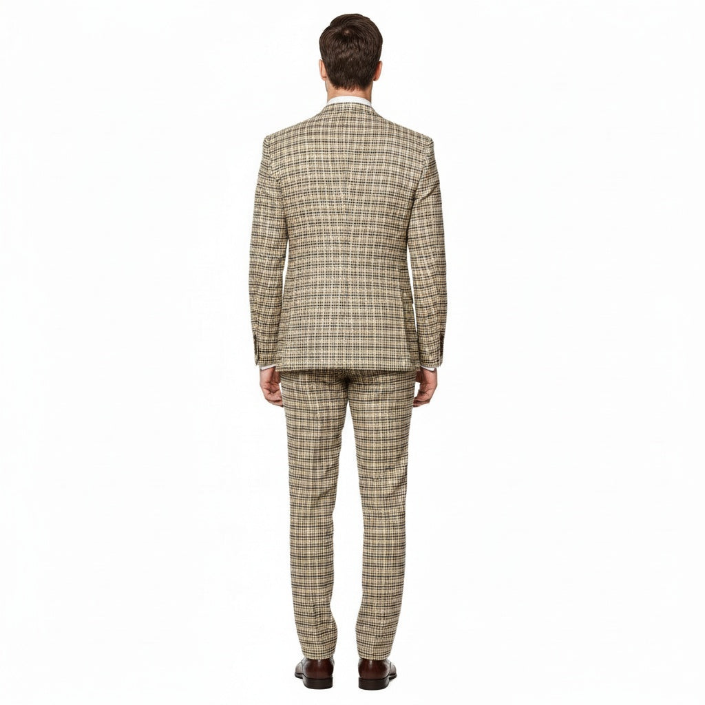 Mens Beige and Navy Check 3-Piece Suit Set Premium Tailored Fit Formal Wedding and Business Suit By Rossiman