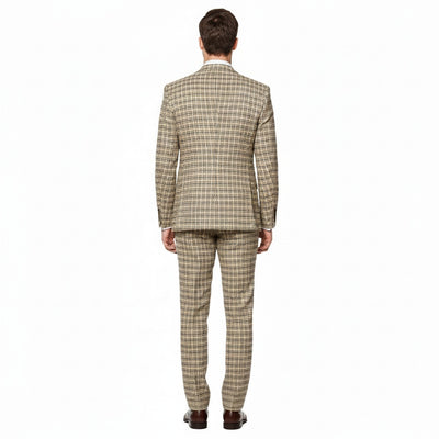 Mens Beige and Navy Check 3-Piece Suit Set Premium Tailored Fit Formal Wedding and Business Suit By Rossiman