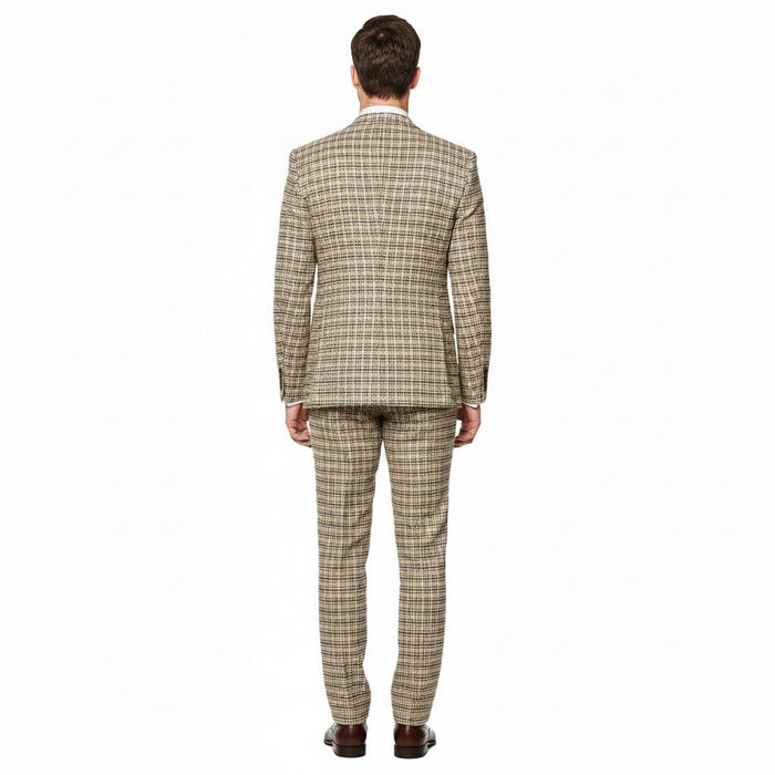 Mens Beige and Navy Check 3-Piece Suit Set Premium Tailored Fit Formal Wedding and Business Suit By Rossiman