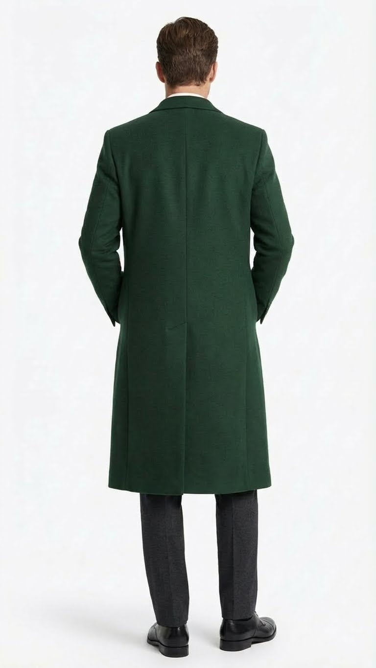 Men’s Hunter Green Full-Length Wool Overcoat – Classic Winter Dress Coat for Formal and Casual Wear Topcoat Mens Wintercoat - Coat Size 38